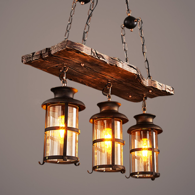 Vintage Industrial Style  3 Light Wooden Kitchen Island Chandelier with Glass Lantern