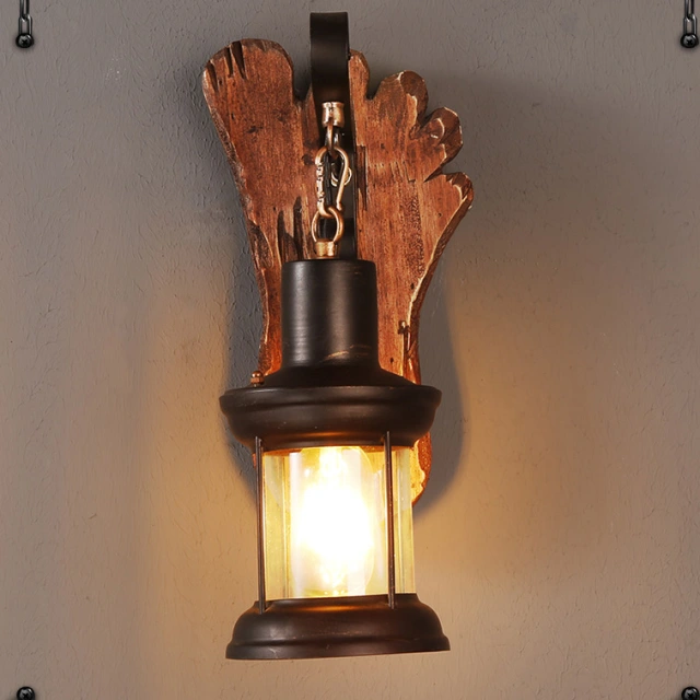 Industrial Style 14''H Glass Wall Lantern Sconce with Wood Base