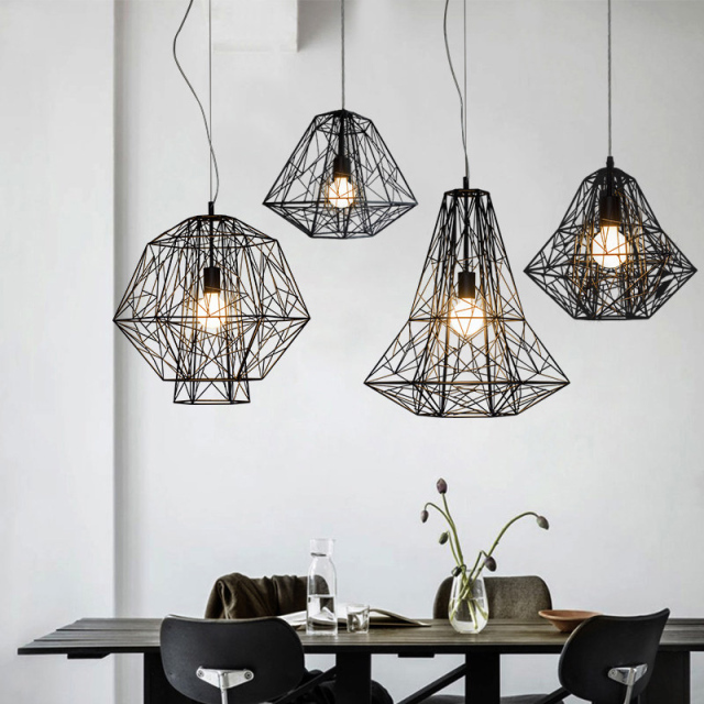 Wrought Iron 1 Light Birdcage Diamond Pendant Lamp in Industrial Style