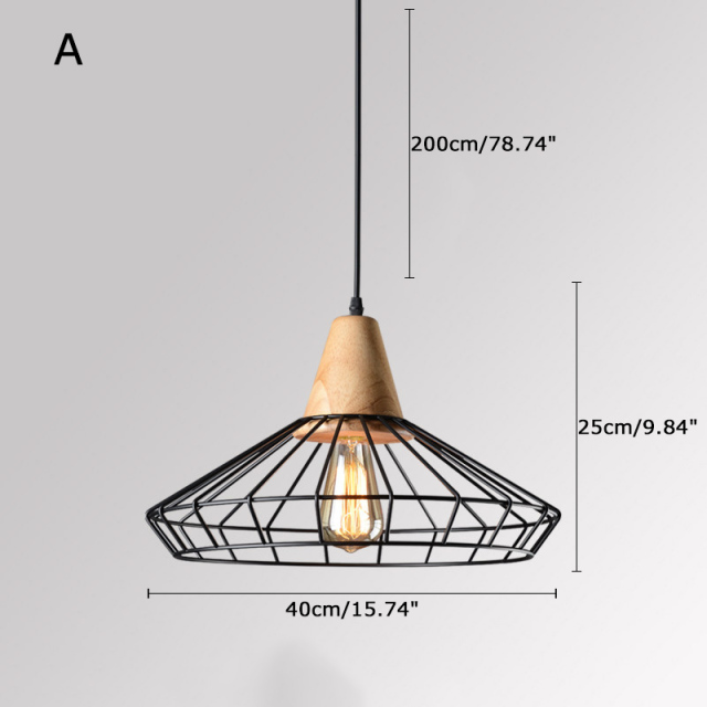 Cage Style 1 Light Industrial Pendant Mini with Wood Decoration for Kitchen