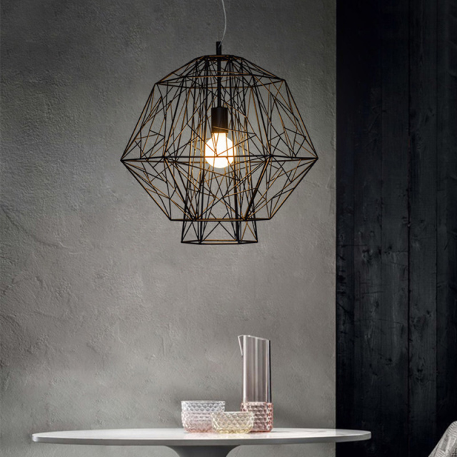 Wrought Iron 1 Light Birdcage Diamond Pendant Lamp in Industrial Style