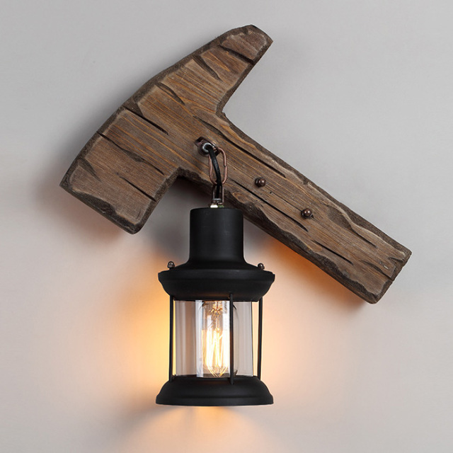 Axe Shape Industrial Wood Wall Lamp with Glass Lantern Shade