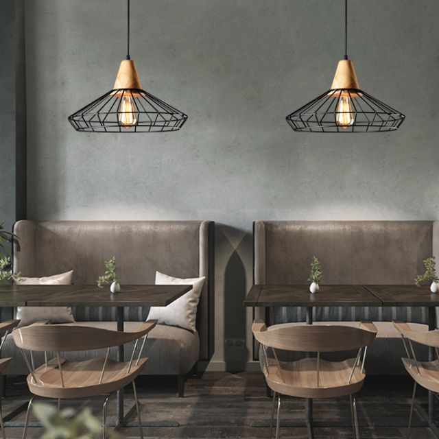 Cage Style 1 Light Industrial Pendant Mini with Wood Decoration for Kitchen