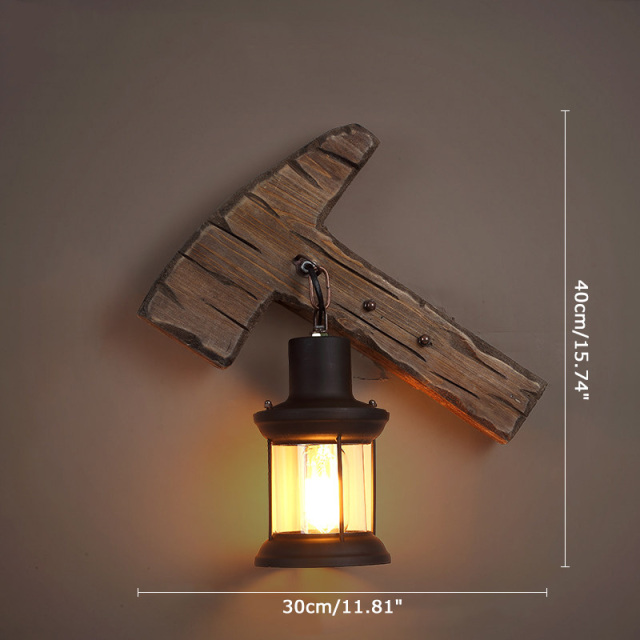 Axe Shape Industrial Wood Wall Lamp with Glass Lantern Shade