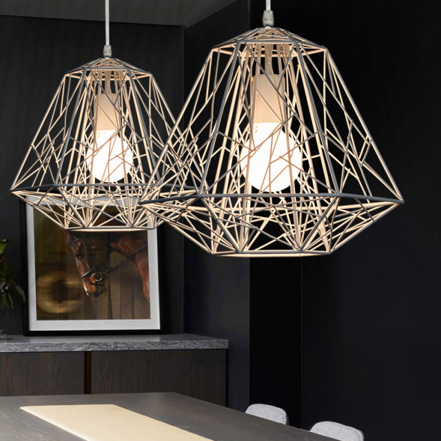 Wrought Iron 1 Light Birdcage Diamond Pendant Lamp in Industrial Style