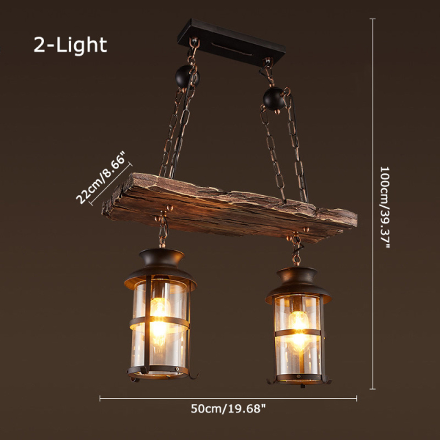 Vintage Industrial Style  3 Light Wooden Kitchen Island Chandelier with Glass Lantern