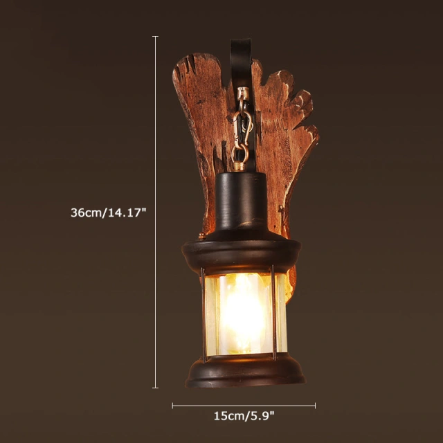 Industrial Style 14''H Glass Wall Lantern Sconce with Wood Base