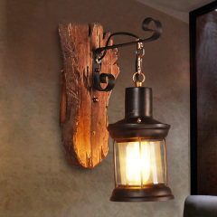 Industrial Style 14''H Glass Wall Lantern Sconce with Wood Base