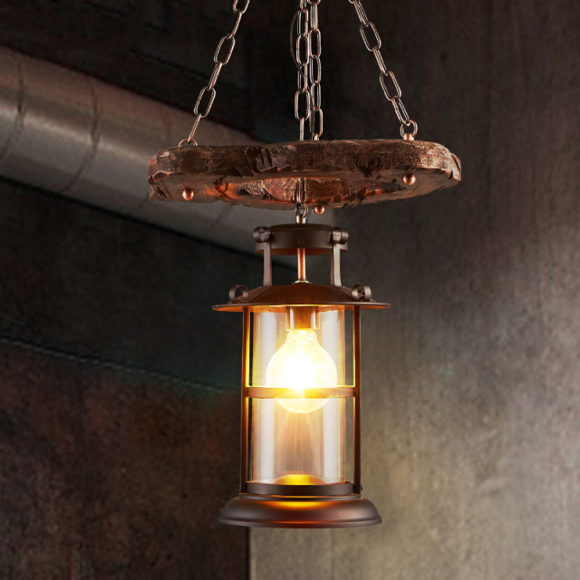 Retro 15''W 1 Light Pendant Lantern Lamp in Antique Black Finish