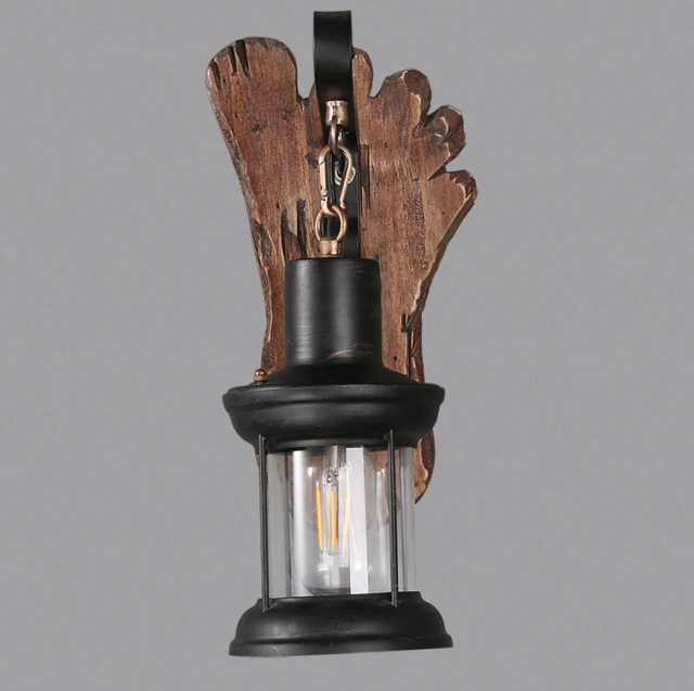 Industrial Style 14''H Glass Wall Lantern Sconce with Wood Base