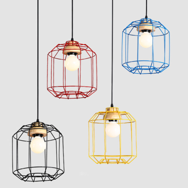 Cage Style 1 Light Industrial Pendant Mini with Wood Decoration for Kitchen