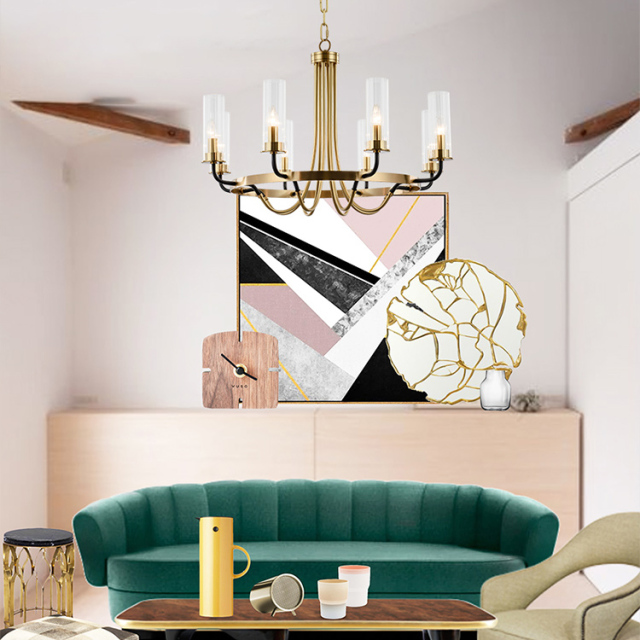 Mid Century Modern 6 Light Glass Chandelier in Black/Gold For Foyer Living Room Dining Room