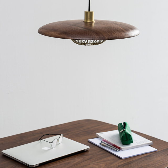 Modern Simple 1 Light Sauser Cage Pendant in Walnut/Wood Grain/Gold For Dining Table