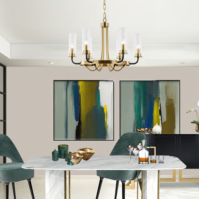 Mid Century Modern 6 Light Glass Chandelier in Black/Gold For Foyer Living Room Dining Room