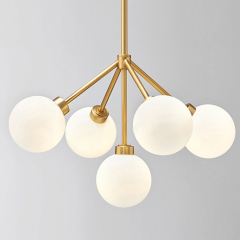 Mid Century Modern 5 Light Brass Chandelier with Hand blown Opal Glass For Living Room Dining Room