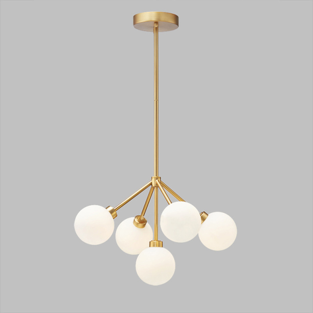 Mid Century Modern 5 Light Brass Chandelier with Hand blown Opal Glass For Living Room Dining Room
