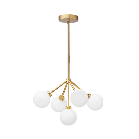 Mid Century Modern 5 Light Brass Chandelier with Hand blown Opal Glass For Living Room Dining Room