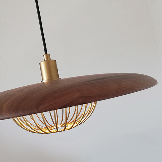 Modern Simple 1 Light Sauser Cage Pendant in Walnut/Wood Grain/Gold For Dining Table