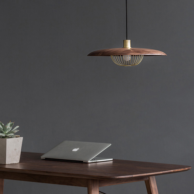 Modern Simple 1 Light Sauser Cage Pendant in Walnut/Wood Grain/Gold For Dining Table