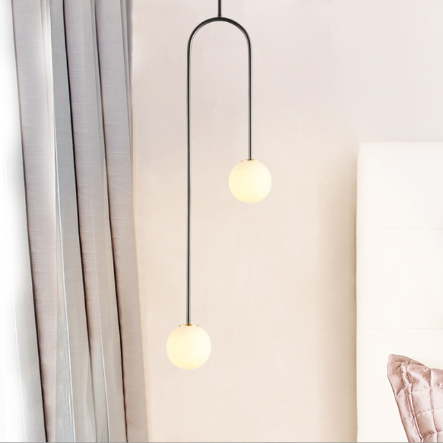 Modern Style Simple 2 Light Hand Blown Opal Glass Chandelier in Black/Gold for Living Room