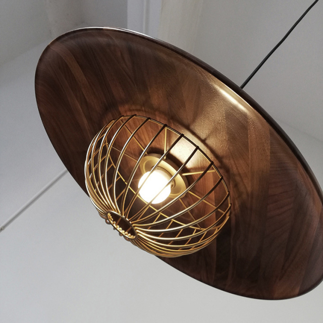 Modern Simple 1 Light Sauser Cage Pendant in Walnut/Wood Grain/Gold For Dining Table