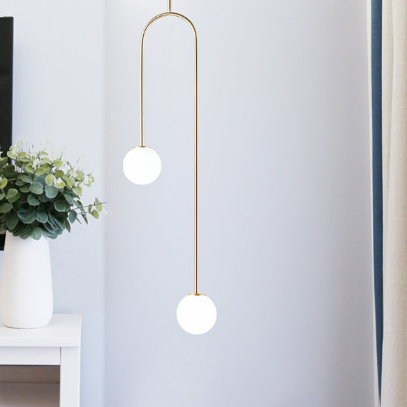 Modern Style Simple 2 Light Hand Blown Opal Glass Chandelier in Black/Gold for Living Room