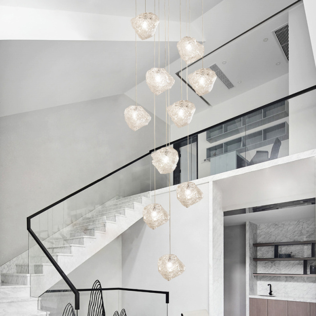 Modern Style Glass Foyer Chandelier Cube Multi-Light Pendant Lamp for Staircase High Ceiling Restaurant Bar Decor