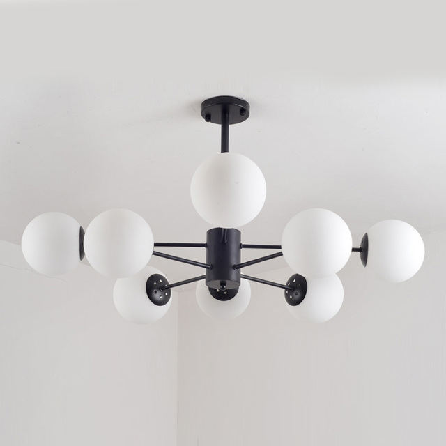 Modern 6-Light Black Spunik Chandelier with Opal Glass Globes