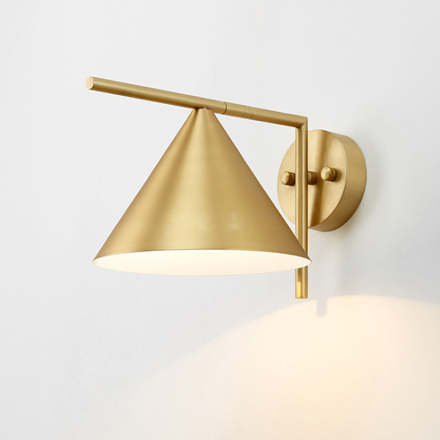 Mid Century Modern 1 Light Brass Wall Sconce with Cone Shade for Bedside Hallway