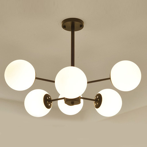 Modern 6-Light Black Spunik Chandelier with Opal Glass Globes