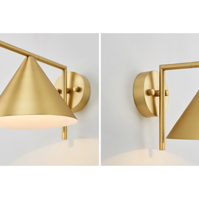 Mid Century Modern 1 Light Brass Wall Sconce with Cone Shade for Bedside Hallway