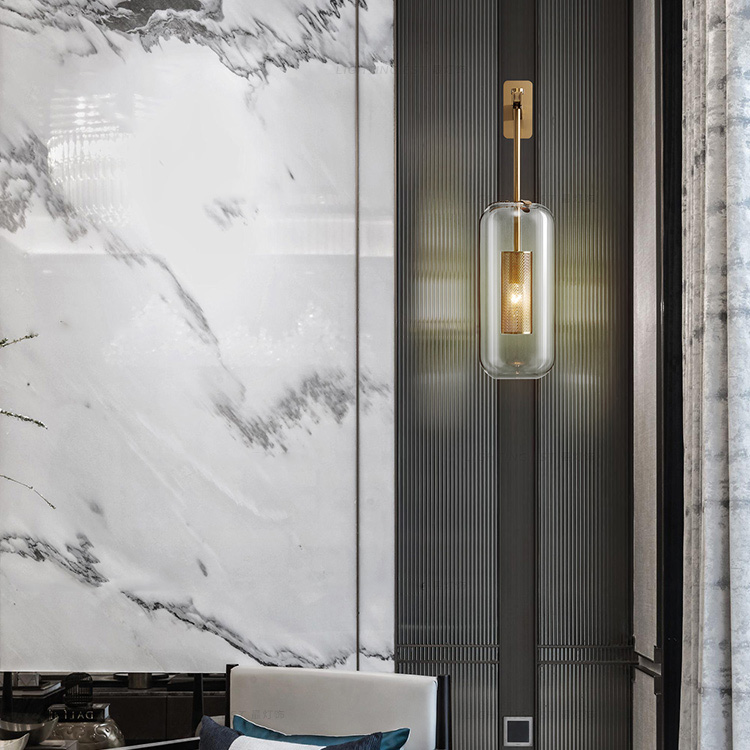 Contemporary 1-Light Brass Wall Lamp with Cylindrical Glass Shade
