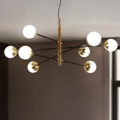 Mid Century Modern 6-Light Sputnik Chandelier in Brass with Globe Shade for Living Room Dining Room