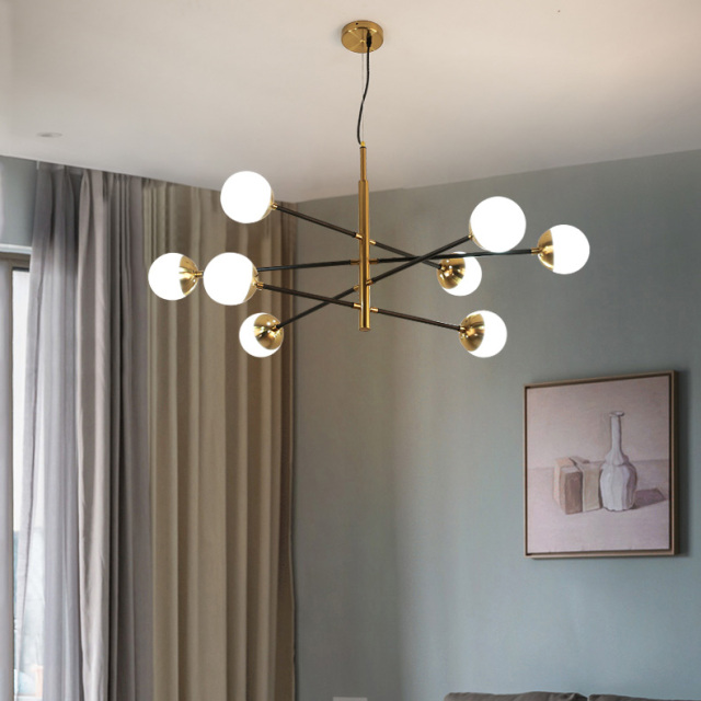 Mid Century Modern 6-Light Sputnik Chandelier in Brass with Globe Shade for Kitchen Entryway