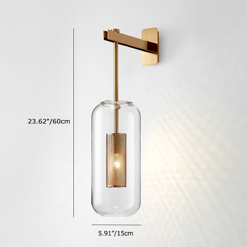 Contemporary 1-Light Brass Wall Lamp with Cylindrical Glass Shade