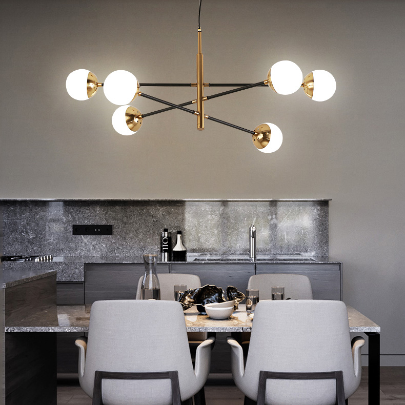 Mid Century Modern 6-Light Sputnik Chandelier in Brass with Globe Shade for Living Room Dining Room