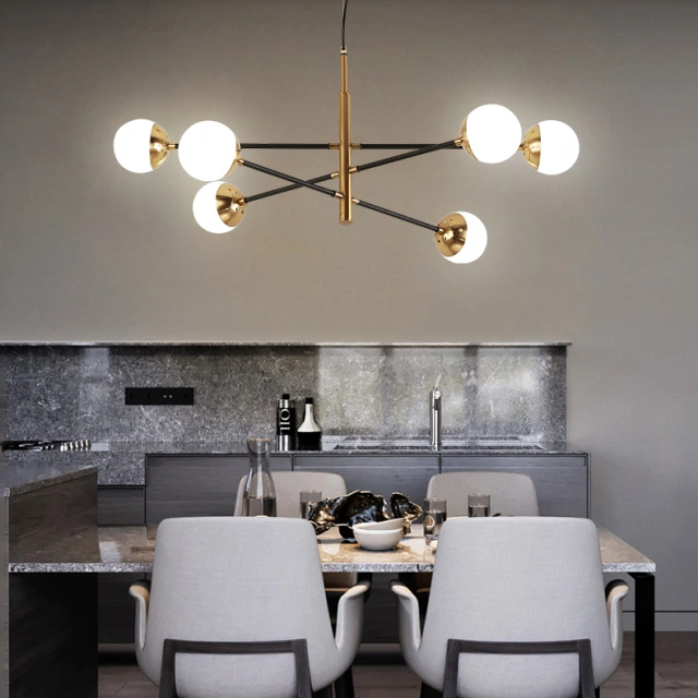 Mid Century Modern 6-Light Sputnik Chandelier in Brass with Globe Shade for Kitchen Entryway