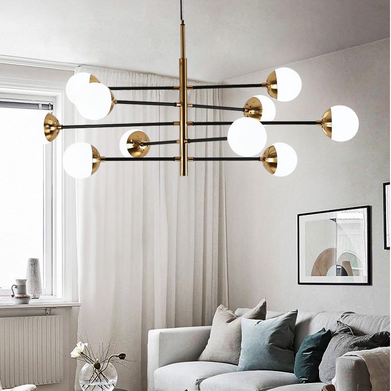 Mid Century Modern 6-Light Sputnik Chandelier in Brass with Globe Shade for Living Room Dining Room