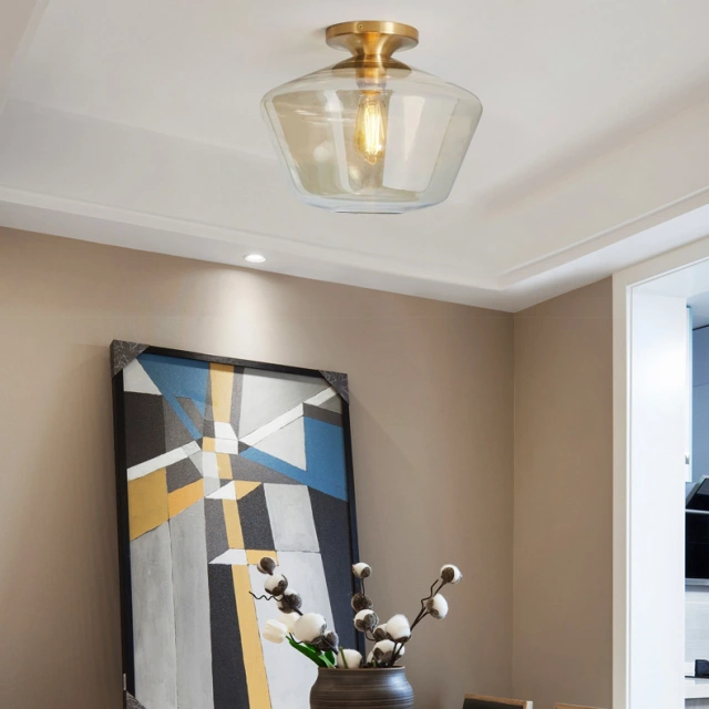 Modern Style Geometric Glass Flush Mount Ceiling Light in Brass Kitchen Bedroom and Hallway