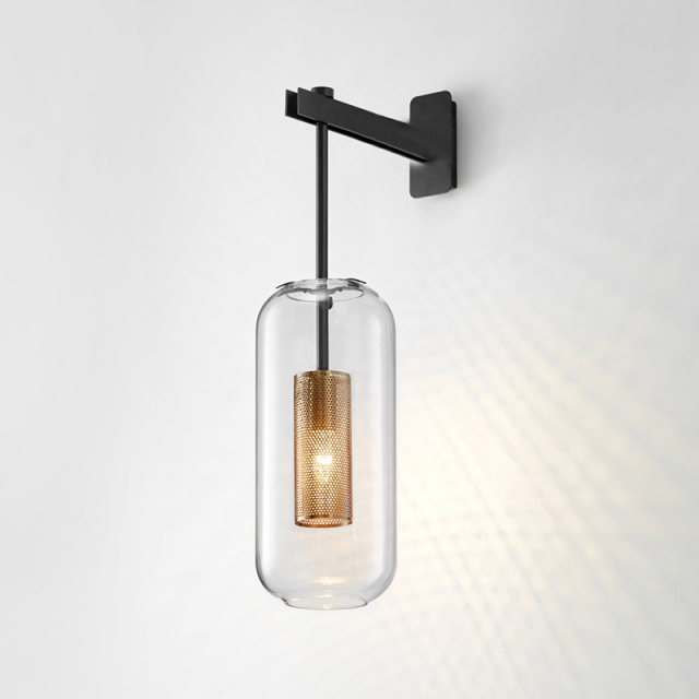 Contemporary 1-Light Brass Wall Lamp with Cylindrical Glass Shade