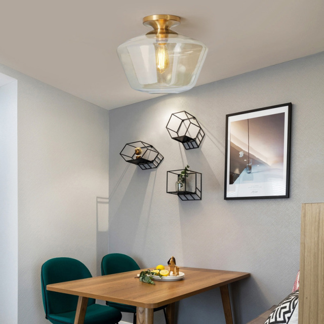 Modern Style Geometric Glass Flush Mount Ceiling Light in Brass Kitchen Bedroom and Hallway