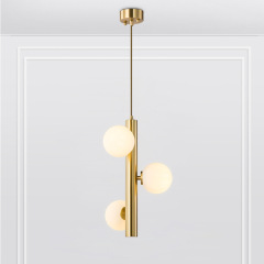 Mid-Century Modern 3-Light Brass Vertical Pendant Light with Opal Globes