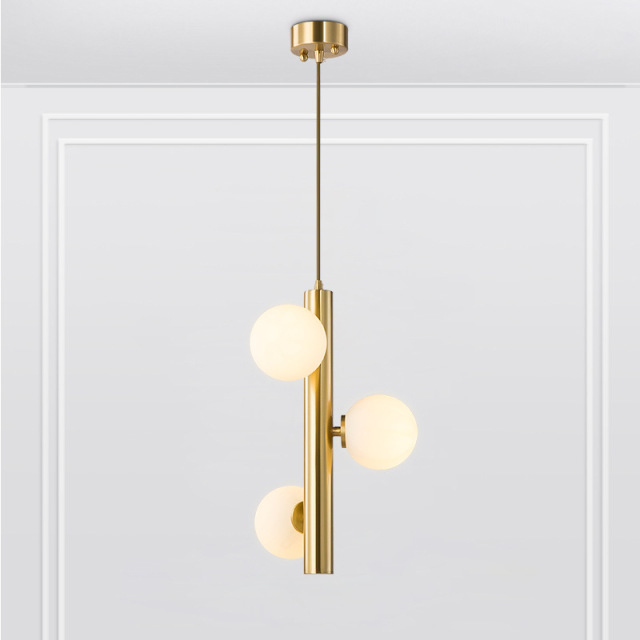 Mid-Century Modern 3-Light Brass Vertical Pendant Light with Opal Globes