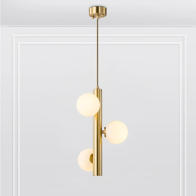 Mid-Century Modern 3-Light Brass Vertical Pendant Light with Opal Globes