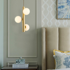 Mid-Century Modern 3-Light Brass Vertical Pendant Light with Opal Globes