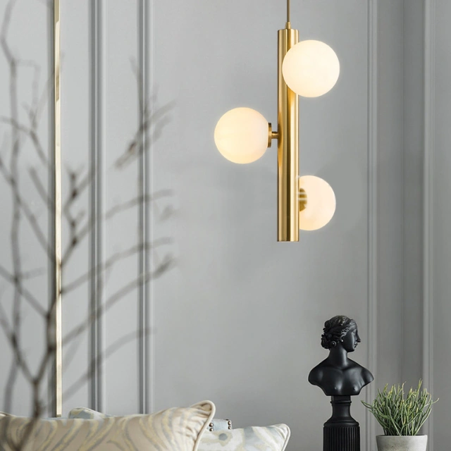 Mid-Century Modern 3-Light Brass Vertical Pendant Light with Opal Globes
