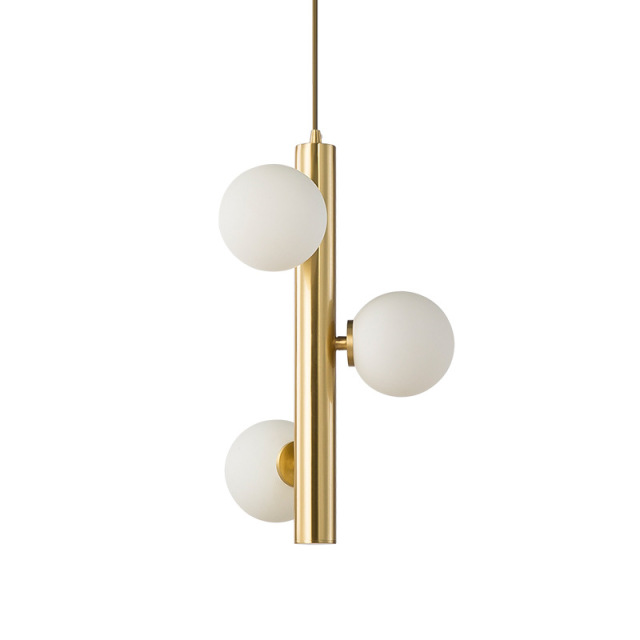 Mid-Century Modern 3-Light Brass Vertical Pendant Light with Opal Globes