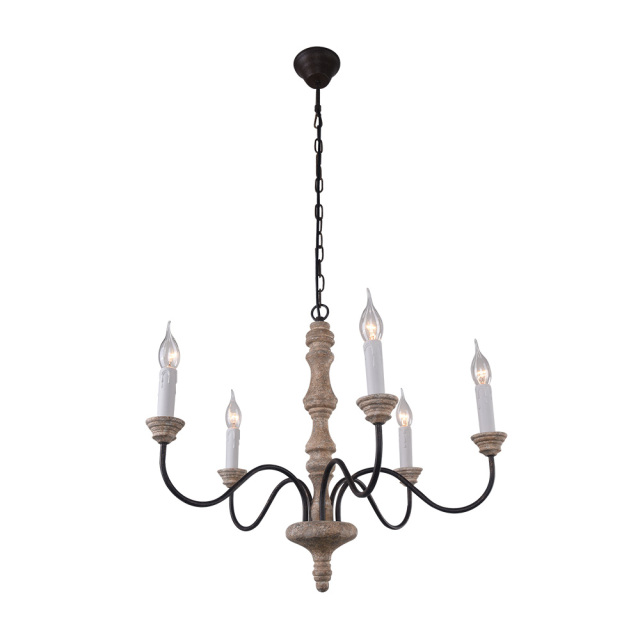Shabby Chic 5-Light Candle Chandelier with Metal Arms and Distressed Wood For Farmhouse