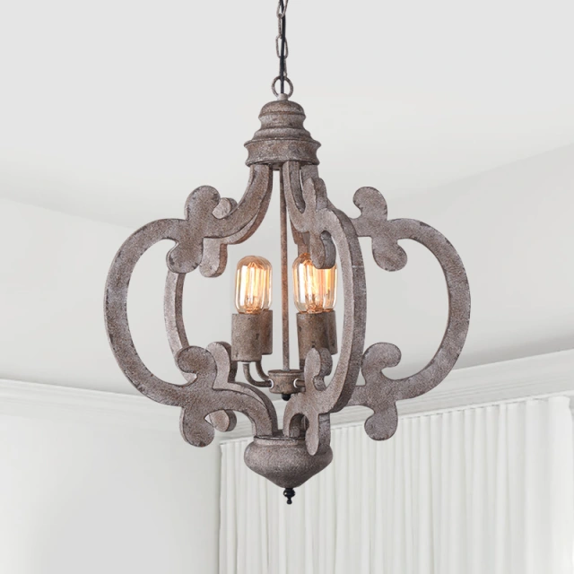 Cottage Vintage 4-Light Chandelier in Distressed Wood and Rusty Steel Finish