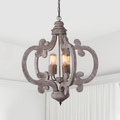 Cottage Vintage 4-Light Chandelier in Distressed Wood and Rusty Steel Finish